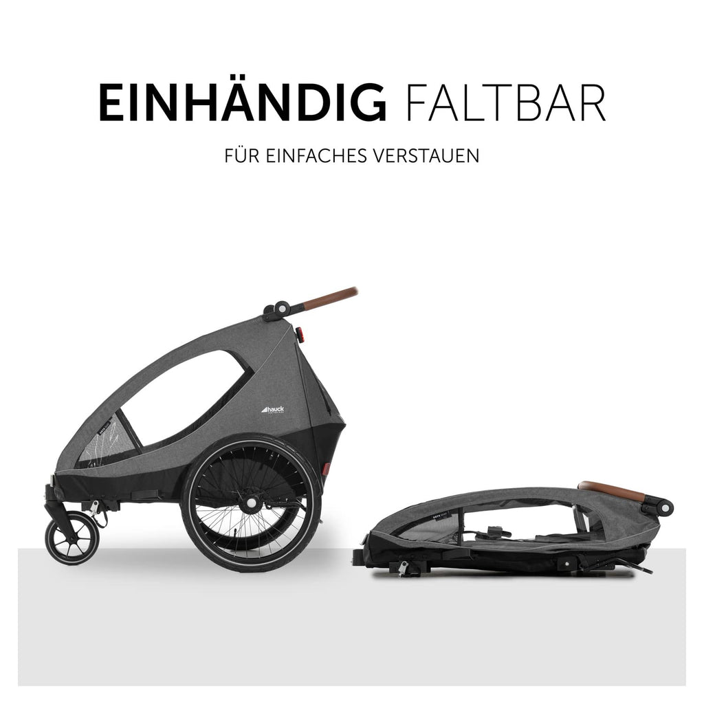 hauck Fahrradanhänger & Kinderwagen Dryk Duo Plus mit Federung, für 2 Kinder (6-48 Monate), inkl. Deichsel, Buggyrad, Fahne und LED Licht, Faltbar, Höhenverstellbar, XL Kofferaum (Dark Green)