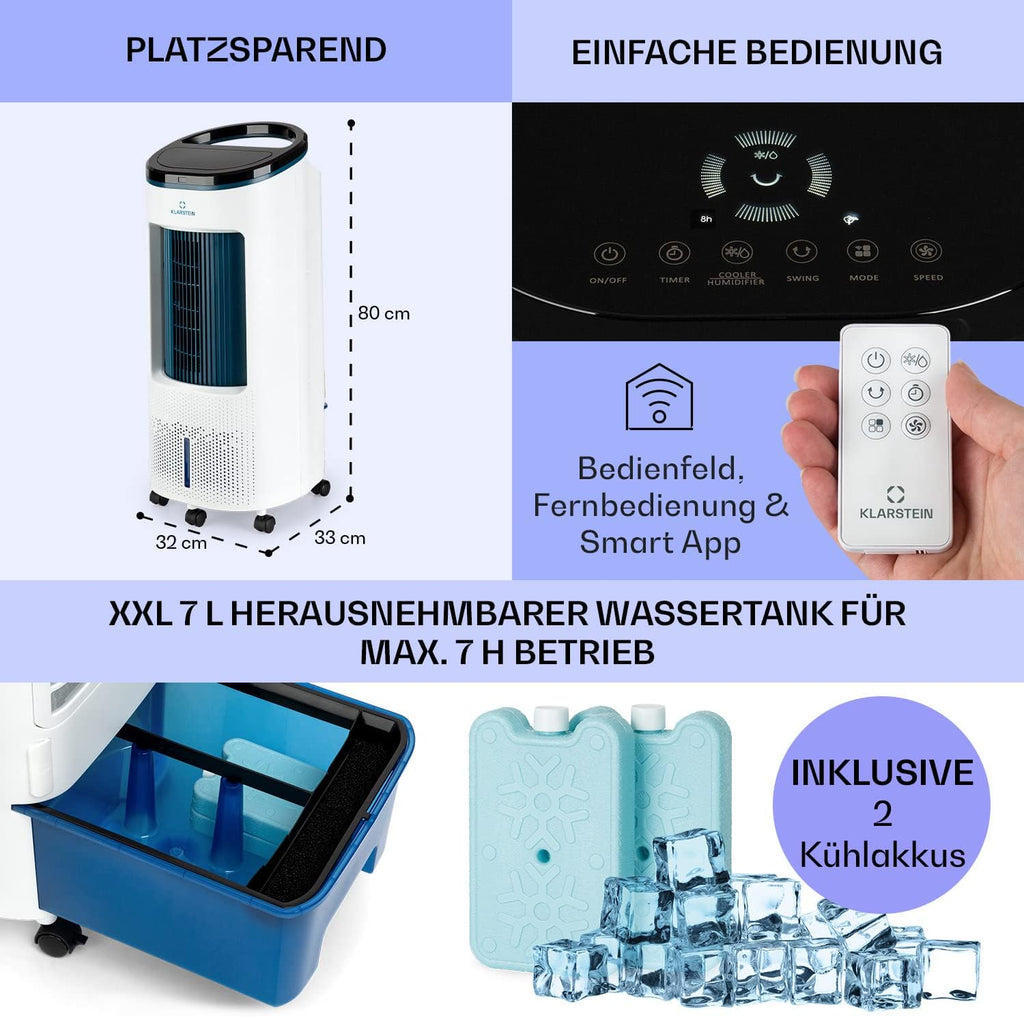 Klarstein Luftkühler mit Wasserkühlung, Leiser 4-in-1 Verdunstungskühler, Luftbefeuchter, Ventilator & Nachtmodus, Mobile Klimageräte Luftkühler 7L, 65W Air Cooler, 330m³/h Kühlender Luftstrom