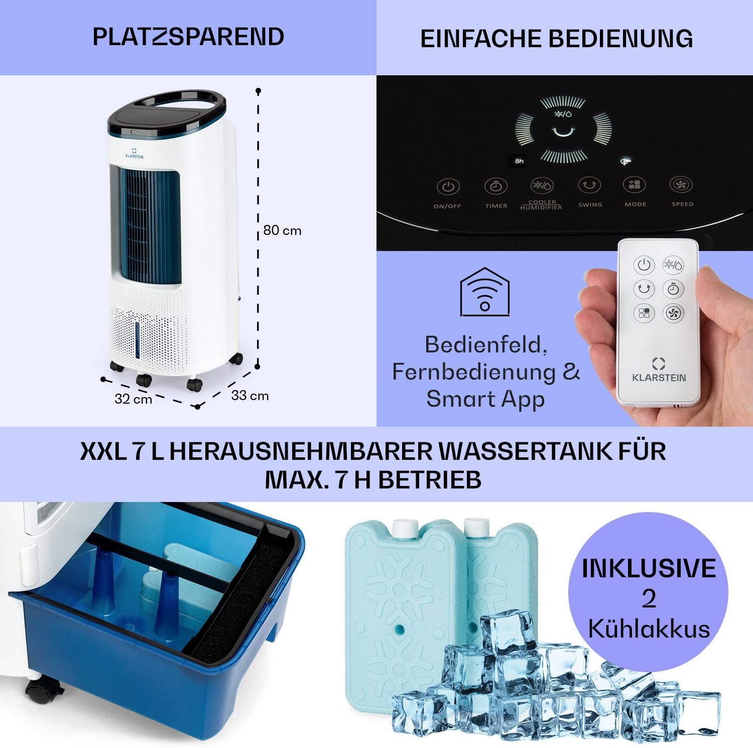 Klarstein Luftkühler mit Wasserkühlung, Leiser 4-in-1 Verdunstungskühler, Luftbefeuchter, Ventilator & Nachtmodus, Mobile Klimageräte Luftkühler 7L, 65W Air Cooler, 330m³/h Kühlender Luftstrom