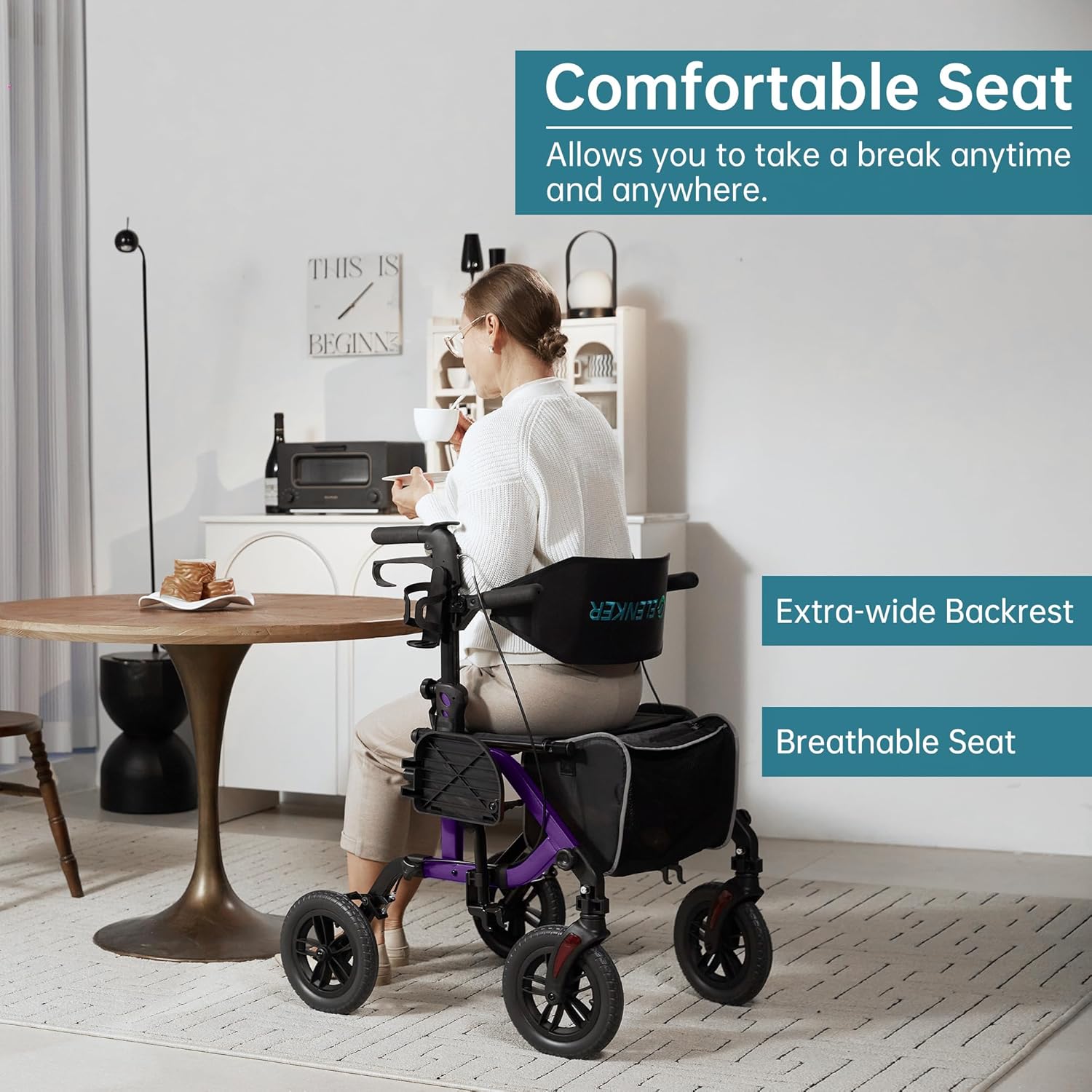 Geländegängiger 2-in-1-Rollator und Transportstuhl, zusammenklappbarer Rollstuhl mit luftlosen 10-Zoll-Rädern für Senioren, umkehrbare Rückenlehne und abnehmbare Fußstützen, blau
