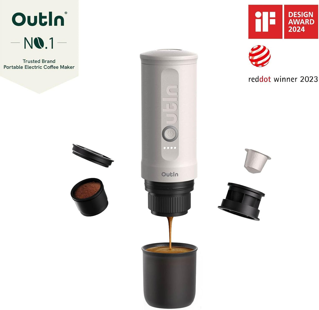 OutIn Nano Tragbare Espressomaschine mit Akku, für unterwegs oder Camping, Kaffeemaschine to go, mit elektrischer Selbsterhitzung über USB - C, 2 in 1 für gemahlenen kaffee und NS - kapseln