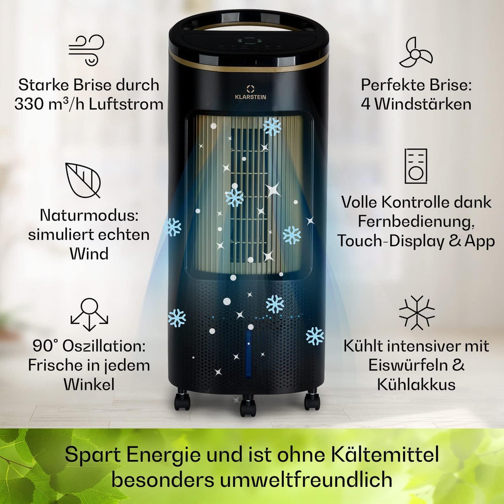 Klarstein Luftkühler mit Wasserkühlung, Leiser 4-in-1 Verdunstungskühler, Luftbefeuchter, Ventilator & Nachtmodus, Mobile Klimageräte Luftkühler 7L, 65W Air Cooler, 330m³/h Kühlender Luftstrom