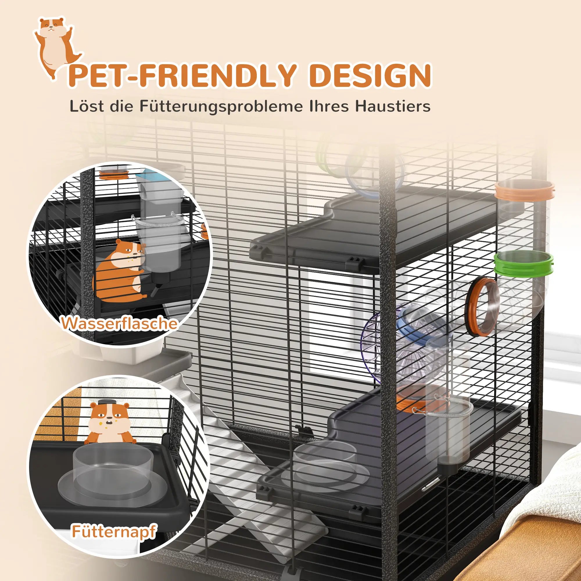 PawHut Hamsterkäfig Nagerkäfig mit Röhren Laufrad Rollen Ablage