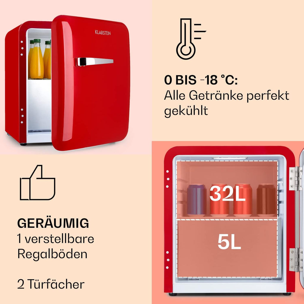 Klarstein Audrey Mini - kleiner Kühlschrank, kompakte Mini-Bar, freistehend, Kompressionskühlung, Fassungsvermögen, Kühlung: 0-10 °C, Mini-Kühlschrank mit 70 Liter Fassungsvermögen, rot